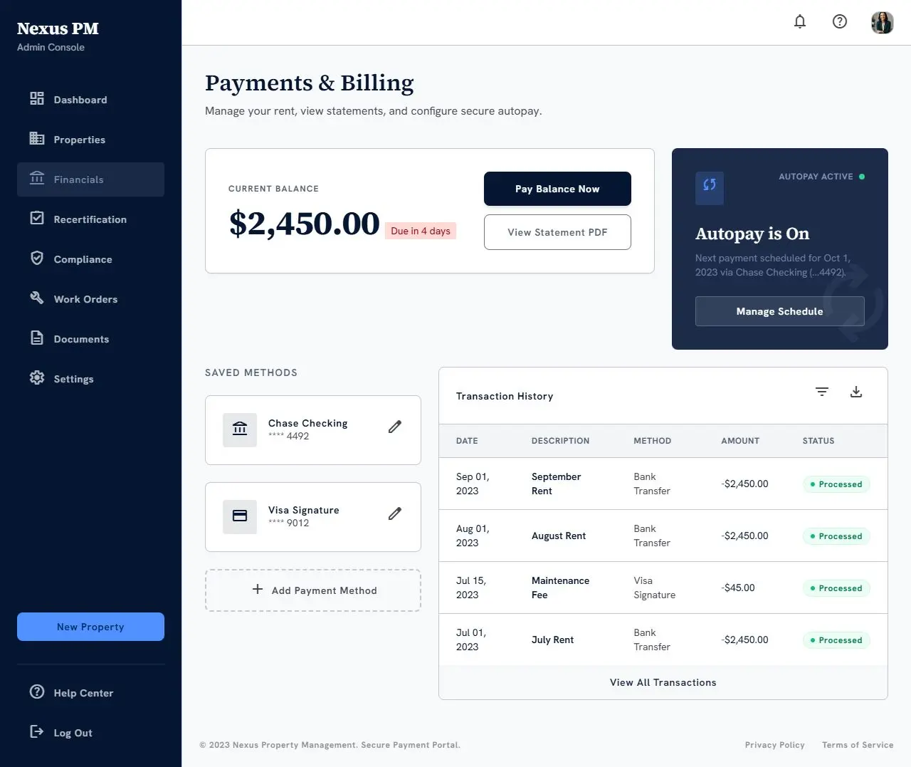 Payments & Billing Portal screen in CannaCredit