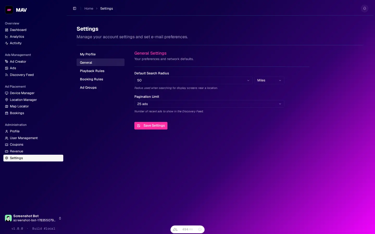 Settings and inventory control screenshot