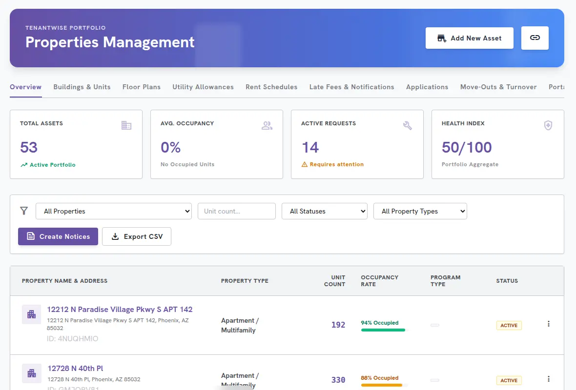 Multi-Property Portfolio Management screen in TenantWise